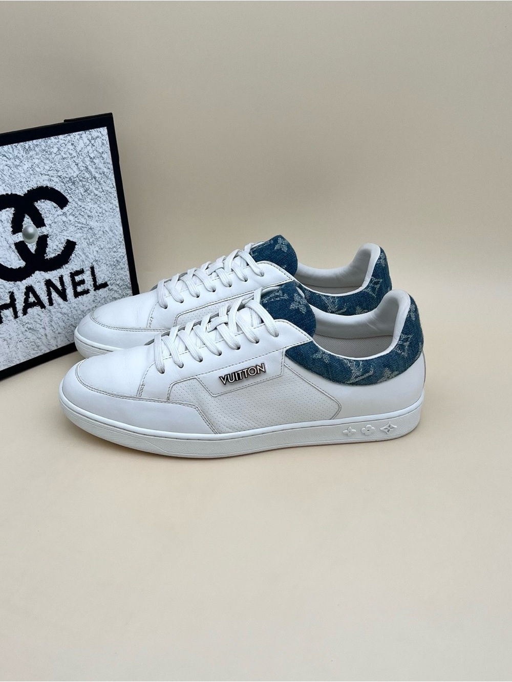 Louis Vuitton White Leather Sneakers with Blue Monogram Heel
